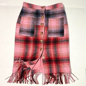 Anthropologie Maeve Pink Wool Fringe Plaid Midi Pencil Skirt 12 Large, Academia